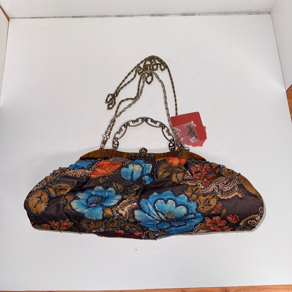 VTG Jin's Women's Floral Beaded Clutch Bag Chain Handle NOS